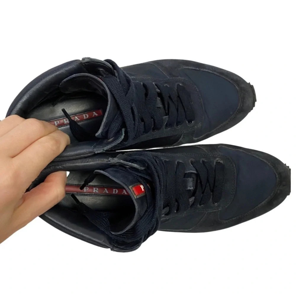 Prada Hightop Sneakers Mens Size 6 Womens 8 Unisex Retro Navy Blue Suede Shoes - Picture 10 of 16